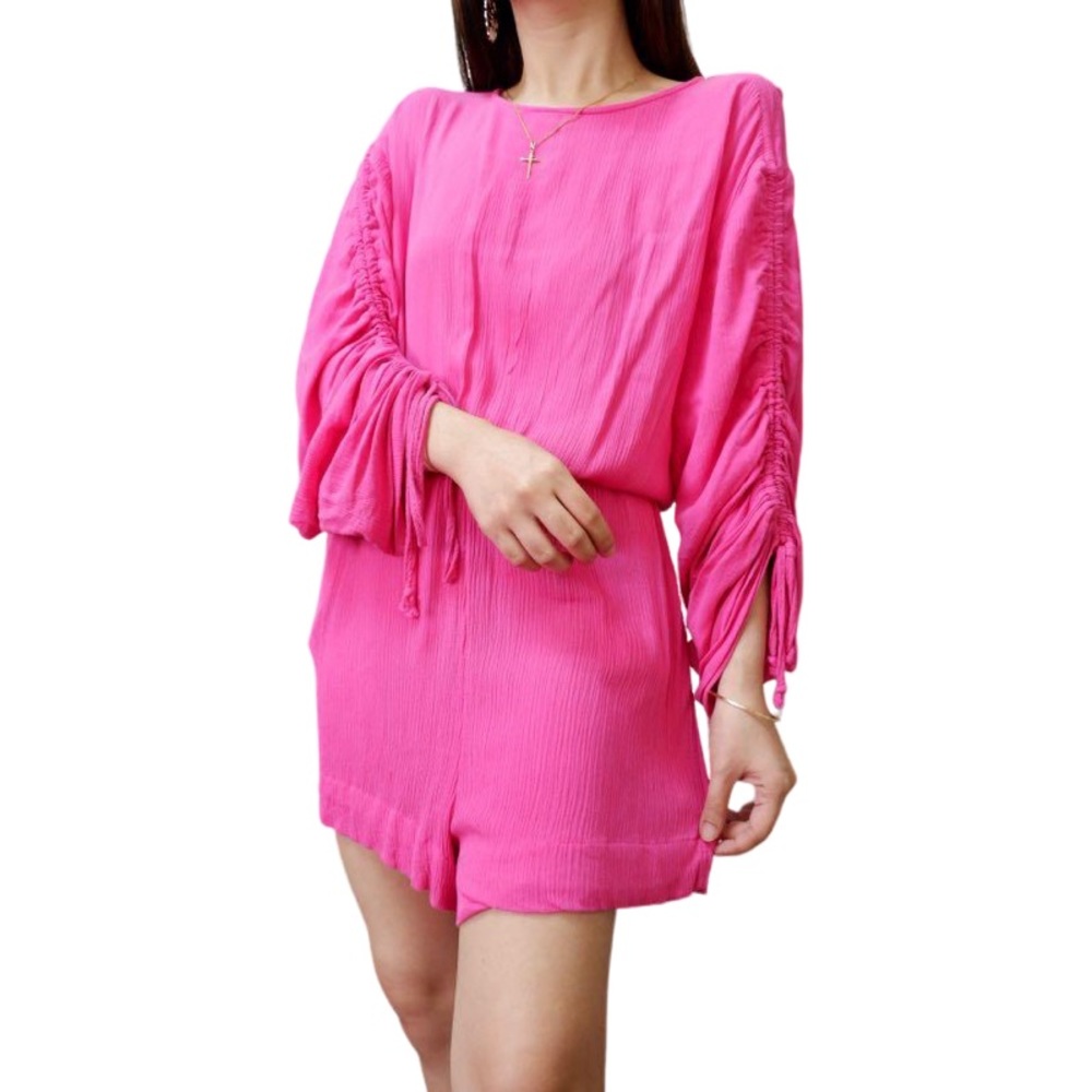 H&M Hot Pink Romper Long Drawstring Sleeves Front pockets stretch waist